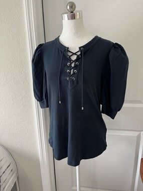 Lauren Ralph Lauren Black Label Navy Lace-Up Puff Sleeve Cotton Blouse NWOT SZ L